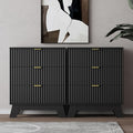 Night Stand Set 2, Bedside Table & End Table, Mid Century Modern Fluted Wood Nightstand with 3 Drawers & Metal Handles, Farmhouse Nightstand for Bedroom, Black