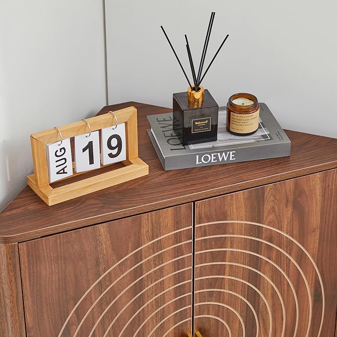 Small Corner Storage Cabinet, Modern Freestanding Floor Cabinet with Magnetic Door Lock and Adjustable Shelves, Small Space Corner Table for Bathroom, Kitchen, Dining Table, Living Room, Walnut