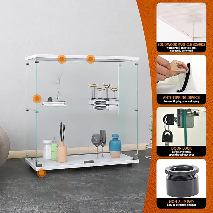 Beauty4U Glass Display Cabinet with 2 Shelves, 2 Doors Curio Cabinets for Living Room, Bedroom, Office, White Floor Standing Glass Bookshelf, Quick Installation