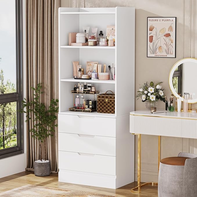 DICTAC 73.23'' Tall Storage Cabinet Bookcase with 3 Drawers and 3-Tier Open Shelves Wooden Bookshelf Kitchen Pantry Storage Organizer Cabinets for Living Room, Study, Kitchen,Bathroom,White