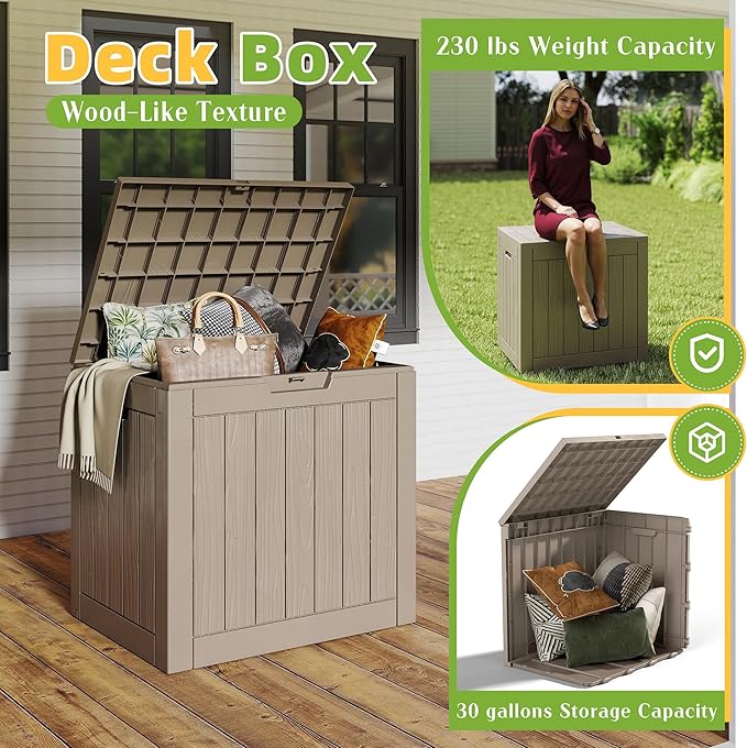 30 Gallon Outdoor Storage Box, Large Resin Deck Box for Patio Cushions, Garden Tools, Pool Accessories, Waterproof and Lockable Design, Storage Bench for Backyard & Deck(Gray)