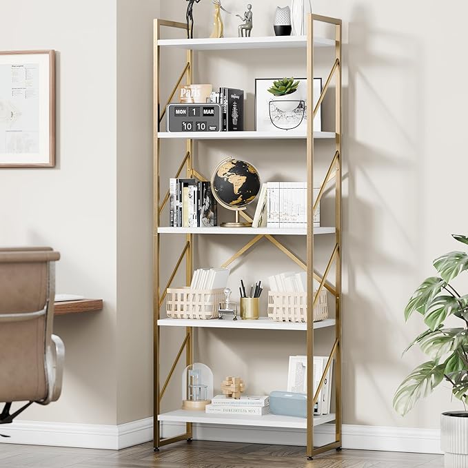 Vongrasig 5 Tier Bookshelf, Modern Tall Bookcase, Industrial Book Shelves Display Standing Shelf, Free Standing Storage Organizer for Bedroom, Living Room, White+Gold