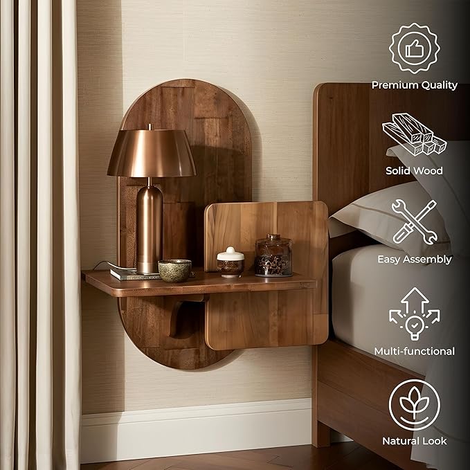 Behomes Claudia Solid Wood Floating Nightstand, Rustic Wall Mounted Bedside Table, Mid Century Modern Floating Shelf for Bedroom, Side End Table for Living Room, Space Saving Night Stand, Walnut
