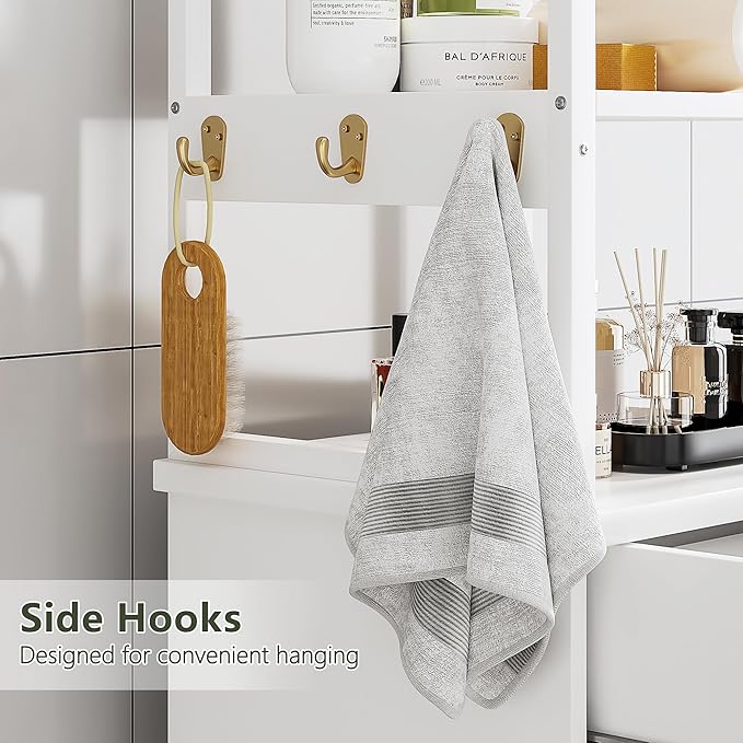 VECELO 53" Tilt Out Laundry Hamper, Tall Bathroom Cabinet with Hidden Removable Basket, 2-Tier Open Shelves, 1 Drawer and 3 Side Hooks for Storage, White