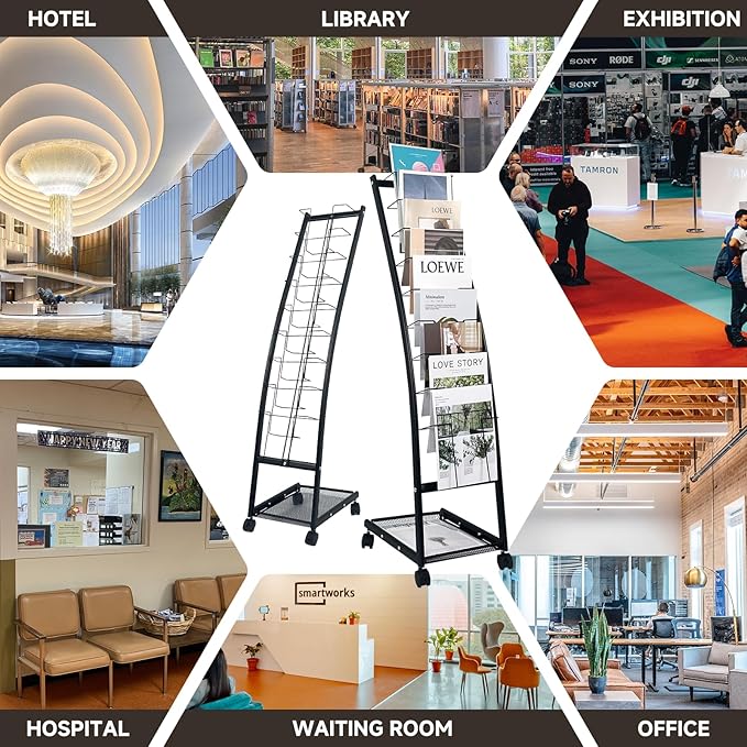 TONGMO Magazine Rack: Floor-Standing with Wheels, 9-Tier Brochure Display Stand for Exhibitions, Office, and Any Organization Requiring Information Display