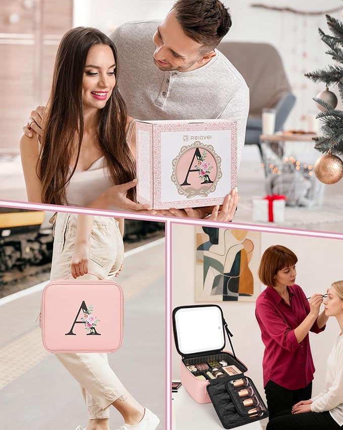 Relavel Initial Makeup Bag with LED Mirror for Women Girls, Personalized Travel Cosmetic Organizer Train Case, Birthday Gifts for Grandkids Bridesmaid Graduation Teacher Friends, Trendy Stuff, Pink W