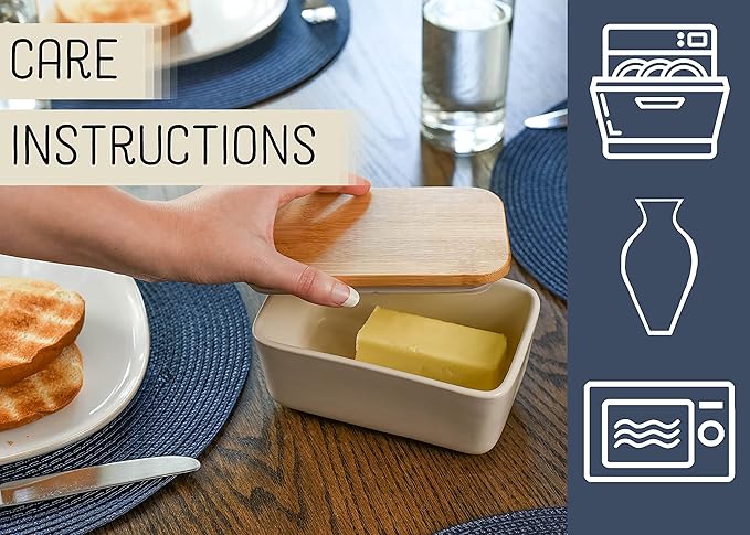 Nat & Jules Ceramic Stoneware 1/2 Pound, 2 Sticks Butter Dish with Airtight Bamboo Lid, Kitchen Accessory, Container Holder, Refrigerator Storage and Countertop Organization, Matte Cream