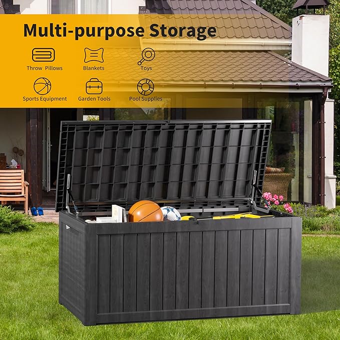 270 Gallon Deck Box, Resin Outdoor Indoor Waterproof Storage Box, Lockable Storage Box With Handle for Patio Furniture - Garden Tools - Swimming Pool Tools UV Resistant, Black