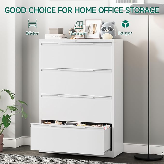 Metal Steel Filling Cabinets for Home Office - 4 Drawer Lockable Lateral File Cabinet for Hanging Files Letter/Legal/F4/A4 Size, Assembly Required - White