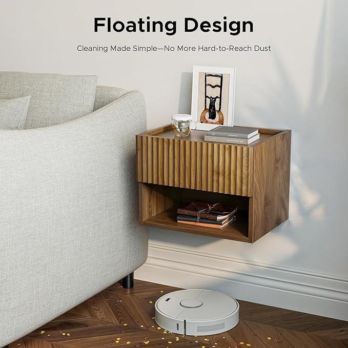 Floating Nightstand Bedroom Bedside Table - Floating Night Stand Set 2 for Small Spaces, Wall Mounted Cabinet with Storage Drawer, Brown Modern Night Stand for Dorm Hallway Entryway