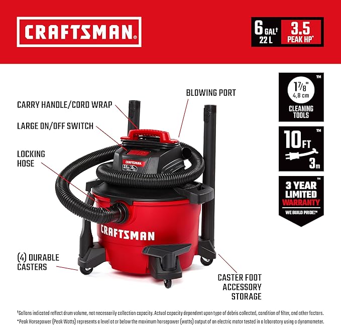 Craftsman CMXEVBE17584 6 Gallon 3.5 Peak HP Wet/Dry Vac, Portable Shop Vacuum with Attachments and Dust Collection Bags