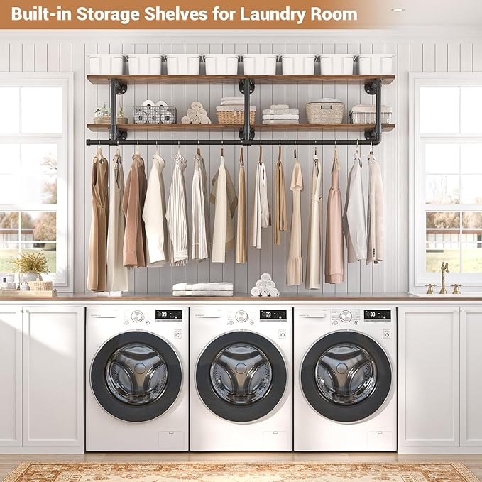 Aheaplus Industrial Pipe Clothes Rack with Top Shelf, 47In Space-Saving Wall Mounted Clothing Rack, 2 Tiers Heavy Duty Pipe Clothing Shelves with Hanging Rod for Laundry Room, Closet, Rustic Brown