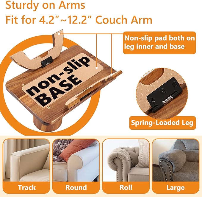 Couch Armrest Table Acacia with 360°Rotating Phone & Cup Holders,15.4" x 9.8", 3-in-1 Sofa Arm Tray Clip-On Couch Tray for Drinks & Snacks
