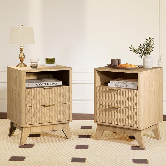 Fluted Nightstand with Charging Station, 18" Modern End Table with Storage Drawers, Bedside Table for Bedroom, Natural Oak(2 Piece)