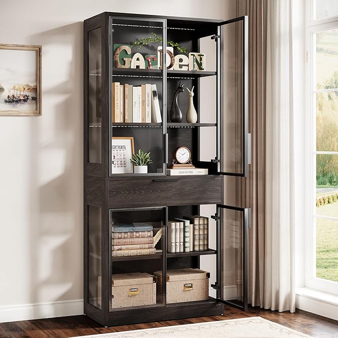 Tribesigns 71-inch Tall Display Cabinet with Doors, 5-Tier Curio Cabinet for Collectibles with LED Lights and Drawer, Display Case Bookcase with Shelves for Bedroom, Living Room, Office, Black