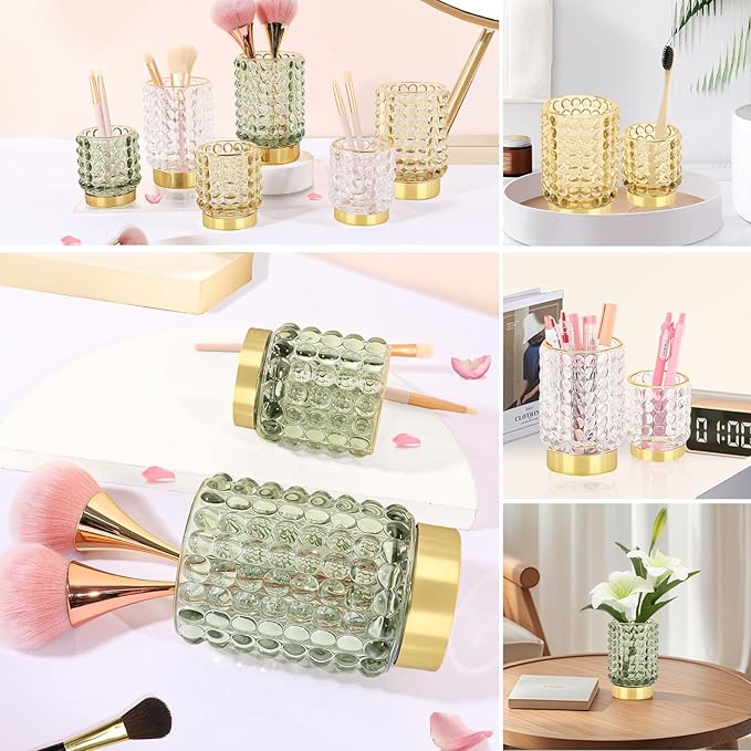 DASITON Makeup Brush Holder Organizer, Crystal Cosmetic Make Up Brush Holder, Glass Makeup Brushes Storage Organizer, Vintage Make Up Cup Desk Pen Pencil Holder, Toothbrush Holders (Green S)
