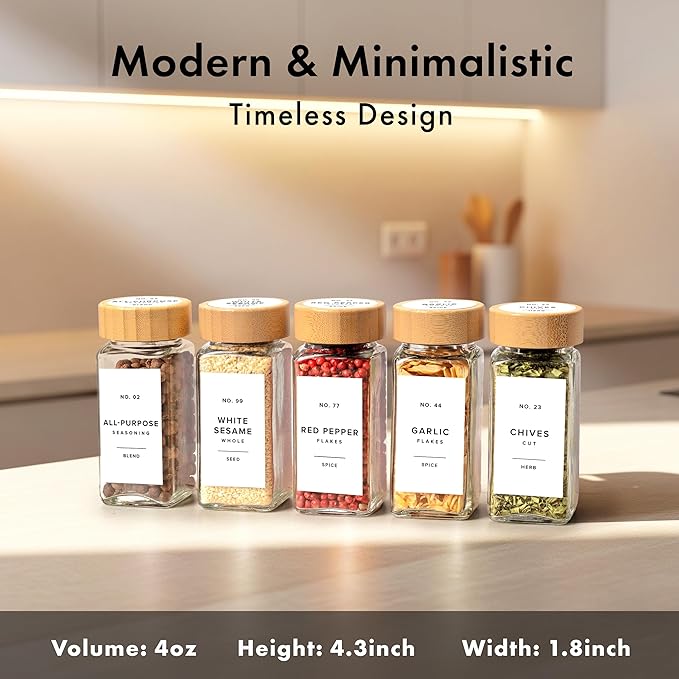 Square Spice Jars with Bamboo Wooden Lid (Pack of 24) Spice Jars with Shaker Insert and 240 Labels - Bamboo Lid Glass Container for Spice Organisation [4.3 in × 1.8 in]
