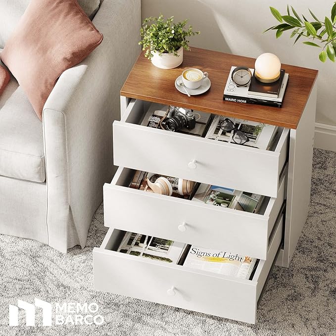 Nightstand,Farmhouse Wood Night Stand with 3 Storage Drawers,Wooden Small Dresser Chest of Drawers Bedside Tables for Bedroom Small Spaces,White+Walnut