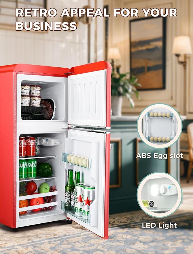3.2 Cu.Ft Retro Fridge with Freezer, Double Door Refrigerator with 7 Level Thermostat, Low Noise, Adjustable Removable Glass Shelves for Bedroom Office Apartment Dorm Bar, Red