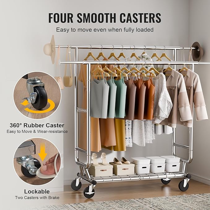 VEVOR Clothes Rack, Rolling Clothing Garment Rack, Extendable Carbon Steel Clothing Racks with Wheels for Bedroom, Laundry, Living Room