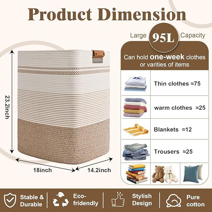 Laundry Hamper, 95L Tall Laundry Basket with Leather Handles, Rectangle Large Clothes Hamper for Organizing, Cotton Woven Laundry Baskets Storage Hampers for Bedroom, Nursery, Living Room