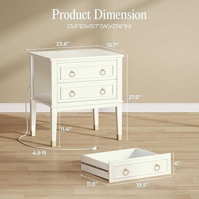 Huuger 27.6 Inch Tall Nightstand with Charging Station, USB-C Port, 2 Drawers Bedside Table, Larger Night Stand with 11.4 Inch Raised Legs, Painted Side Table End Table, for Bedroom, Milky White