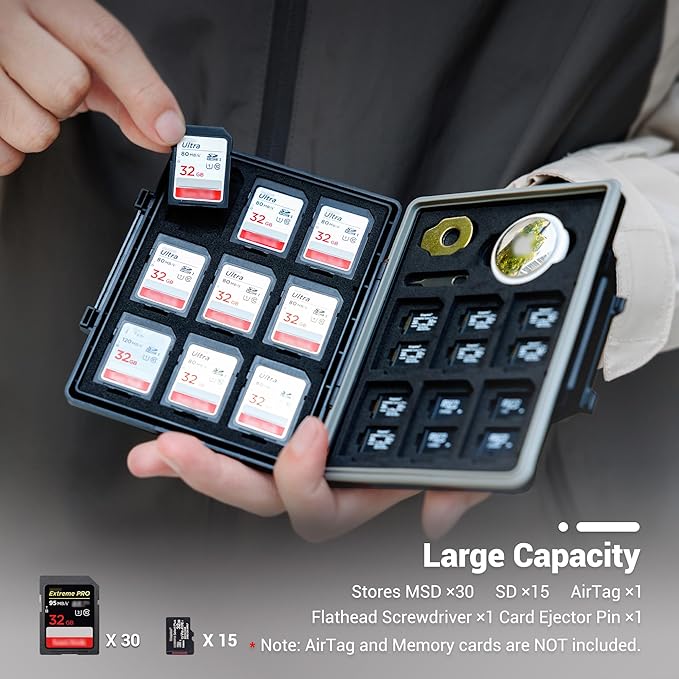 JJC 45 Slots Memory Card Case for 30 Micro SD and 15 SD Cards with AirTag Slot, Water-Resistant Anti-Shock Anti-Dust, Micro SD/SDHC/SDXC TF Card and SD/SDHC/SDXC Holder Organizer Storage