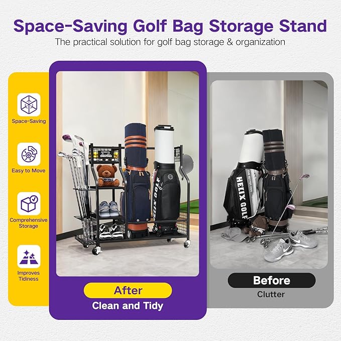 Golf Bag Storage Garage Organizer, Golf Bag Storage Stand and Other Golfing Equipment Accessories Rack, Golf Bag Storage Rack with Wheels, Golf Organizer for Home, Garage, Club, Shed, Basement