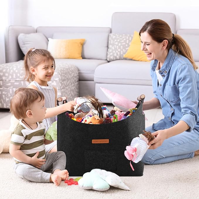 XL 4MM Felt Firewood Carrier | Log Carrier for Firewood | Wood Container with Extra Thick Felt Foldable & Reinforced Handle | Storage Basket for Shopping, Firewood, Logs, Newspaper (BLACK)
