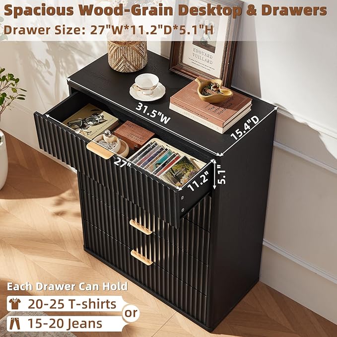 LEYAOYAO Fluted 5 Drawers Dresser for Bedroom Set of 2, 41" Tall Modern Chest of Drawers with Metal Handle, Curved Profile Design,Black Wood Drawer Organizer for Bedroom, Living Room, Hallway