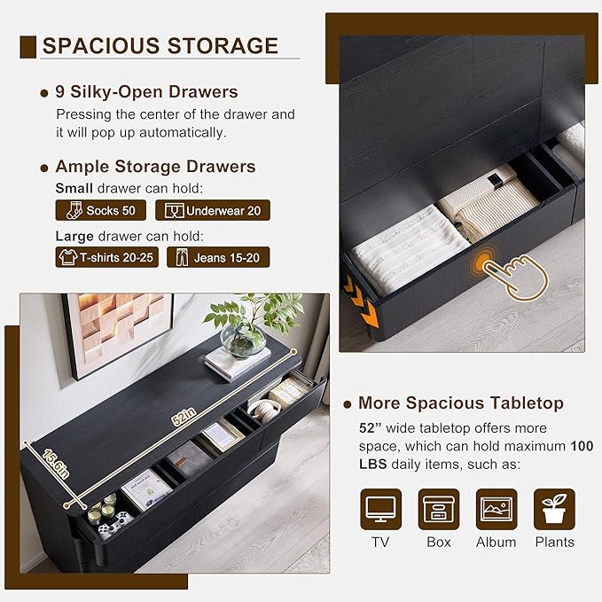 ACCOHOHO Modern 9 Drawer Dresser for Bedroom, 52" Wide Wooden Dressers with Large Storage,Handleless Chest of Drawers TV Stand for Living Room & Hallway, Curved Profile Design, Black