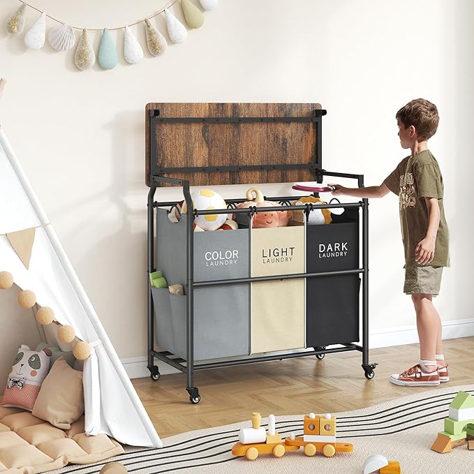 Hoctieon 3 Section Laundry Sorter Cart with Ironing Board, Laundry Hamper Basket with Shelf and Wheels, Heavy Duty Clothes Organizer, Large Clothes Separator with Removable Bags, Black+Gray+Beige