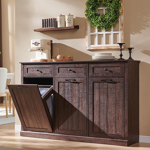 Triple Tilt Out Trash Can Cabinet, 20 Gallon Farmhouse Laundry Hamper Cabinet w/3 Drawers & Adjustable Shelf, Hidden Wooden Trash Can Cabinets with Storage Basket for Kitchen (Brown)