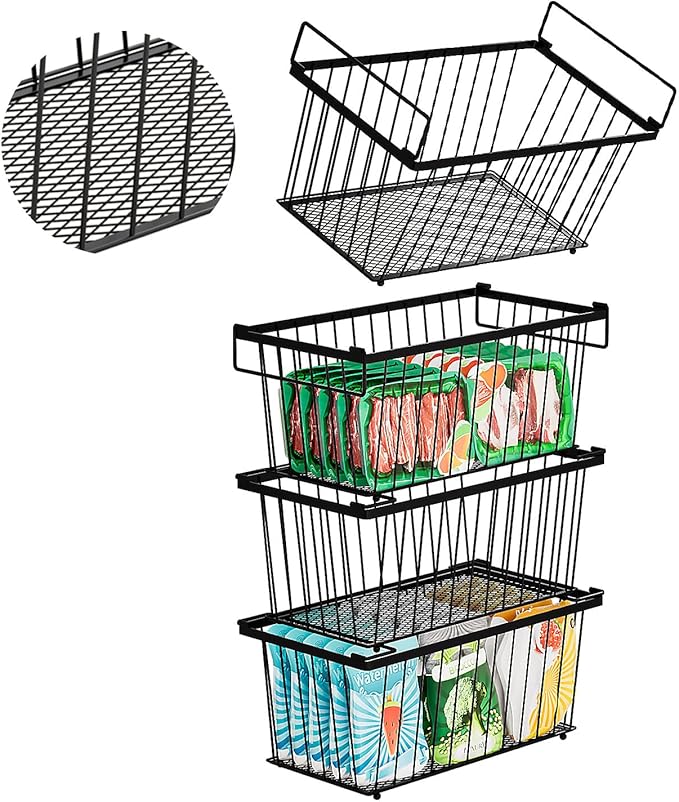 Enhanced Leak-Proof Bottom - Freezer Organizer Bins ，4 Pack Stackable Deep Freezer Organizer Bins for 7 Cu.FT Small Chest Freezer，Easy Get Bottom Foods without Digging