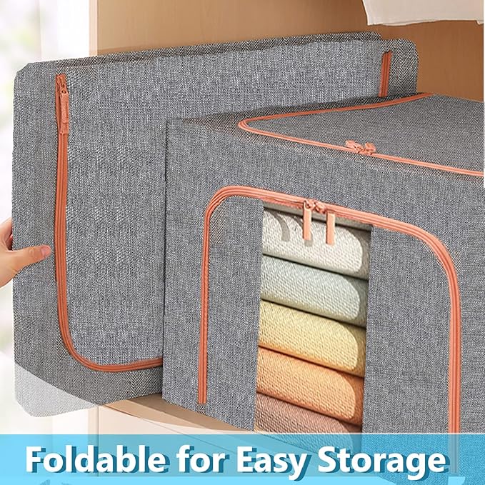 Large Capacity Clothes Storage Bags,Stackable Storage Organizer with Foldable Metal Frame, 2-Way Zipper, Handles, Clear Window for Clothes, Bedding, Seasonal Storage (3Pack, 66L)