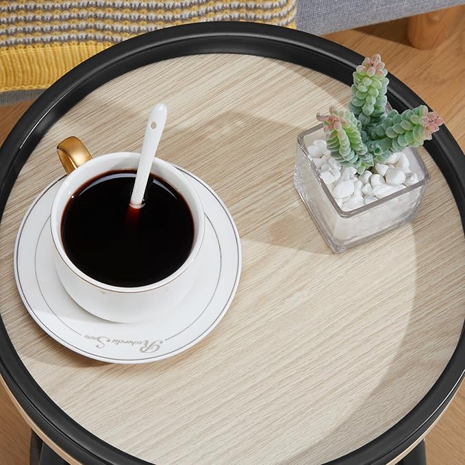 Small Round End Table, 2 Tier Side Table with Storage Basket, 11.8'D*17.8'H, Sofa Side Table, Small Round Nightstand