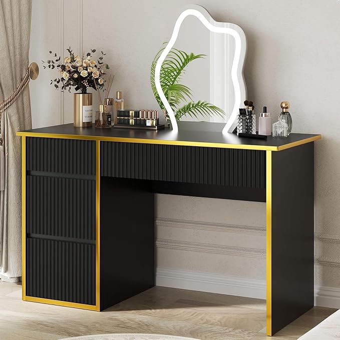 4 EVER WINNER 47'' Computer Desk with Drawers, Small Desk with Drawers File Cabinet, Writing Study Desk for Bedroom, Black Desk