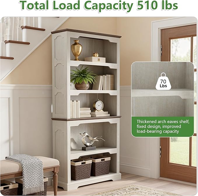 70 Inch Farmhouse Bookcase, Distressed White and Walnut Two-Tone Shelves, 5 Tier Bookshelf with Arched Trim, Living Room Storage Cabinet Unit, 31.5x11.8 Inches (Off White & Walnut, Open Shelf)