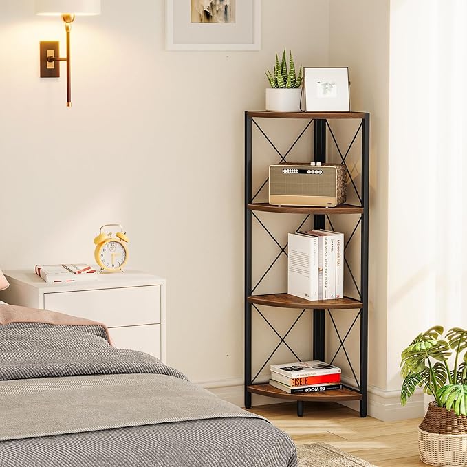 Snughome Rustic Corner Shelf Stand for Desktop, 4 Tier Corner Storage Plant Shelf, Freestanding Corner Shelf Display Rack, Multi-Unit Organizer for Living Room, Home Office, Small Space，Rustic Brown