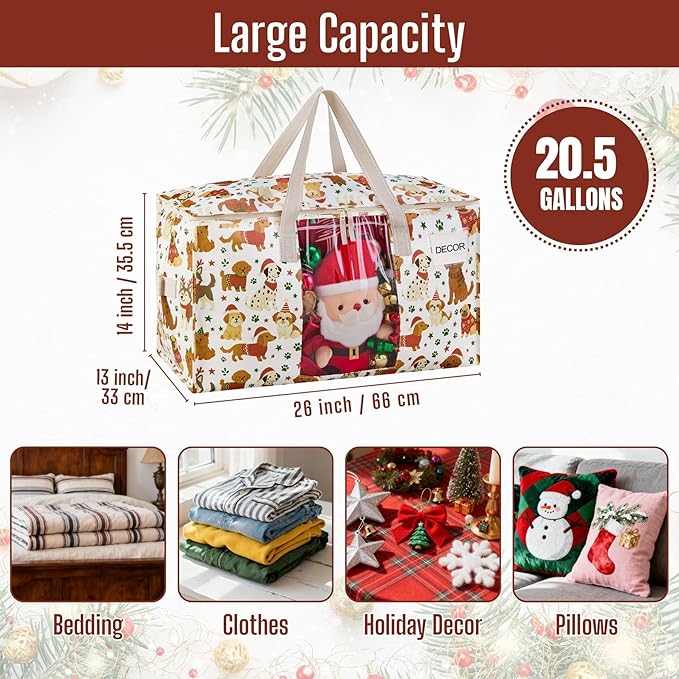VENO 4 Pack Moving Bags, Large Christmas Storage Bins with lids, Packing Supplies for College, Alternative to Moving Boxes, Foldable, Heavy-Duty Tote, Christmas Pattern (Holiday Pups, 4 Pack)