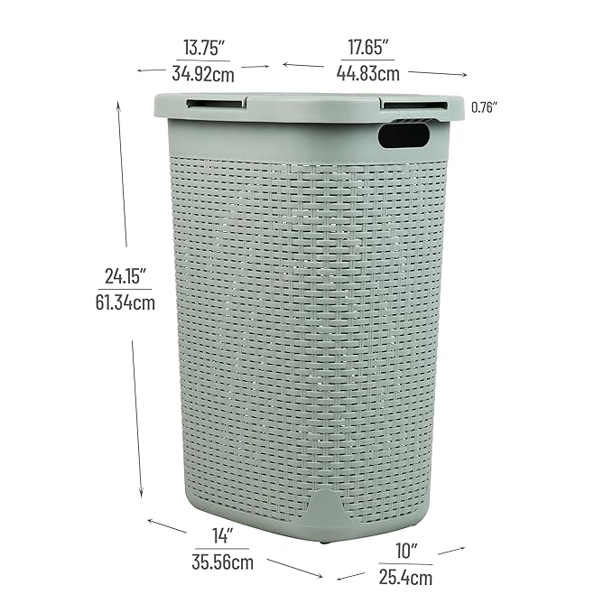 Mind Reader Slim Laundry Hamper with Lid, 60L Clothes Basket, Premium Wicker Design, Plastic, Mint