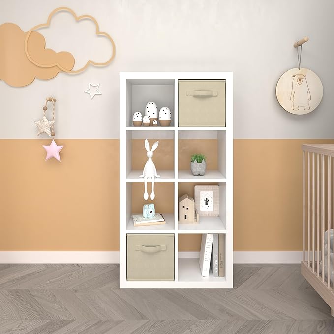 Bookshelf Cube Storage Organizer, 8-Cube Shelf Bookcase with Storage Bin, Modern Wood Open Shelf for Living Room, Bedroom, Home Office, White