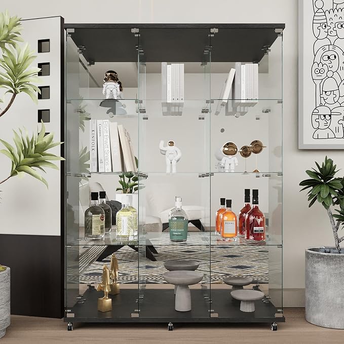 Beauty4U Glass Display Cabinet with Mirror Back Panel, 12 Shelves with 3 Columns, 2 Doors Curio Cabinets for Living Room, Bedroom, Office, Black Floor Standing Glass Bookshelf, Quick Installation