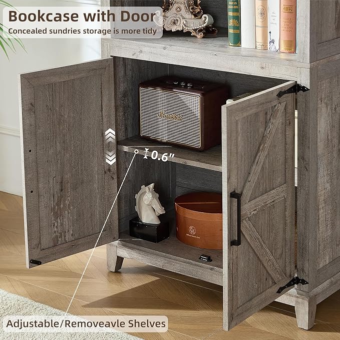 70in Tall Bookshelf 5 Tier Bookcase with Barn Doors and Adjustable Shelves, Grey Farmhouse Book Shelf with Storage Cabinet, Wood Freestanding Display Bookshelves for Bedroom, Kitchen (2 PCS)