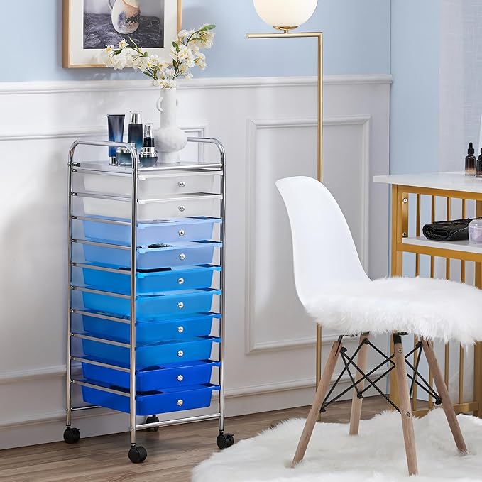 Yaheetech Rolling Cart Organizer Plastic Trolley with 10 Storage Drawers Utility Cart on Wheels Art Craft Organizer Ample Storage Space, Blue Gradient