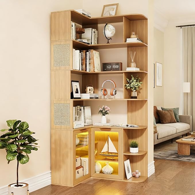 Corner Shelf with Storage Cabinet,7-Tier Corner Bookshelf,Farmhouse L Shaped Shelves Etagere Bookcase, Large L Shaped Bookshelf with Vine Woven Open Storage Cabinet for Home Office