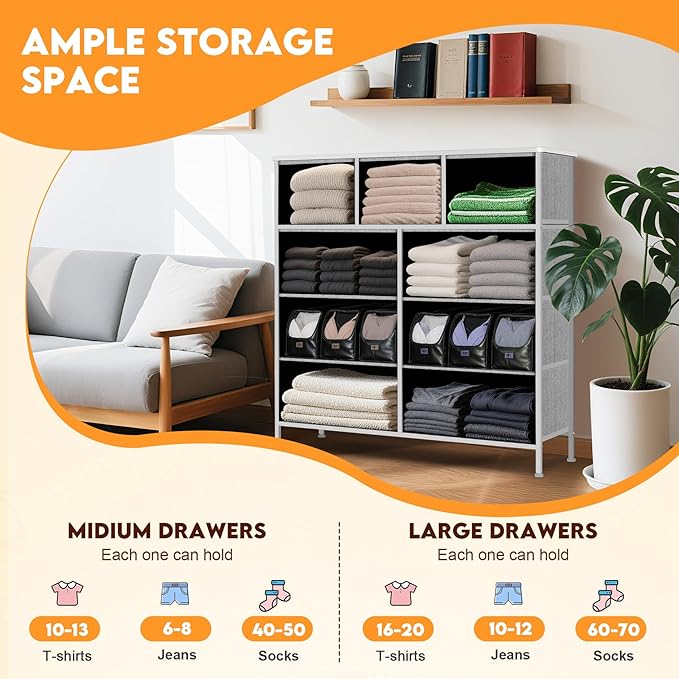 Curved Profile Dresser for Bedroom, Chest of Drawers, 9 Storage Drawers Organizer Unit, Black Dresser with Fabric Bins for Closet, Living Room, Kid Room (White)