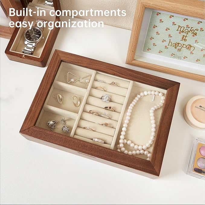 YESWOOD Jewelry Box Organizer, North America Black Walnut Wood Jewelry Boxes for Women for Storage & Display of Necklaces, Rings, Earrings, and Bracelets