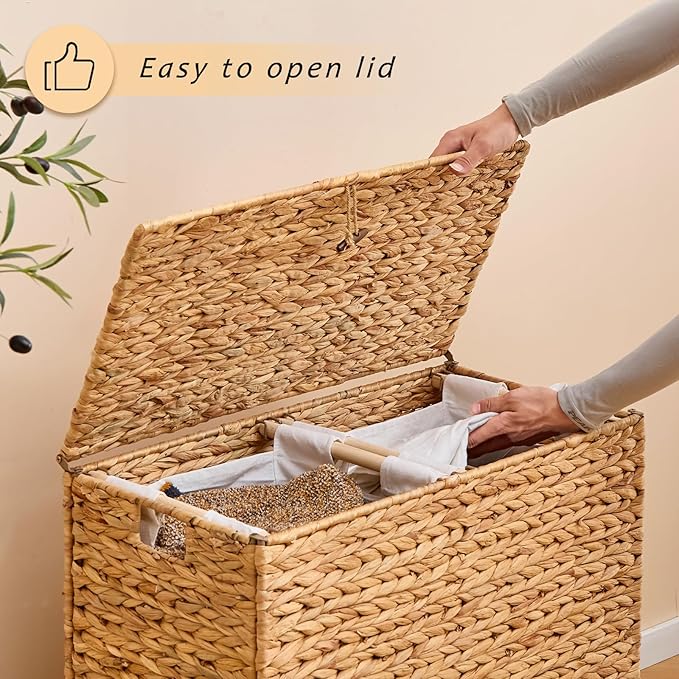 Handwoven Large Laundry Hamper with Lid and 2 Removable Liner Bags, Heightened Feet Natural Hyacinth Clothes Hamper,Wicker Laundry Basket for Clothes and Towels