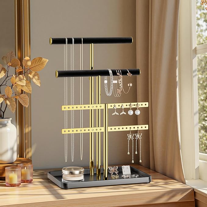 pickpiff Jewelry Holder Organizer with Velvet, Adjustable 10"-17" Tall, Metal Stand for Display Bracelet, Necklace, Earrings, Rings, Black and Gold
